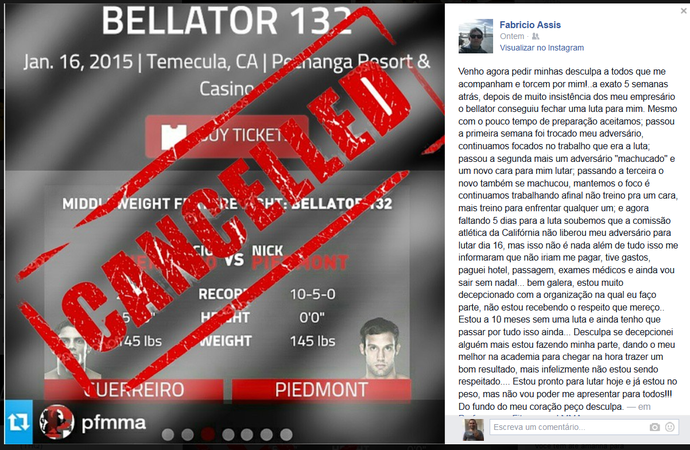 Post do lutador Fabricio Guerreiro explicando os motivos do cancelamento da luta no Bellator 132 (Foto: (Reprodução/Facebook))