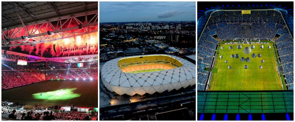 Arena da Baixada, Arena da Amazônia e Arena do Grêmio concorrem para ser o estádio sede (Foto da Arena Amazônia: Chico Batata/Agecom/AM e Arena do Grêmio: ClicRBS) - Montagem: Nocaute na Rede